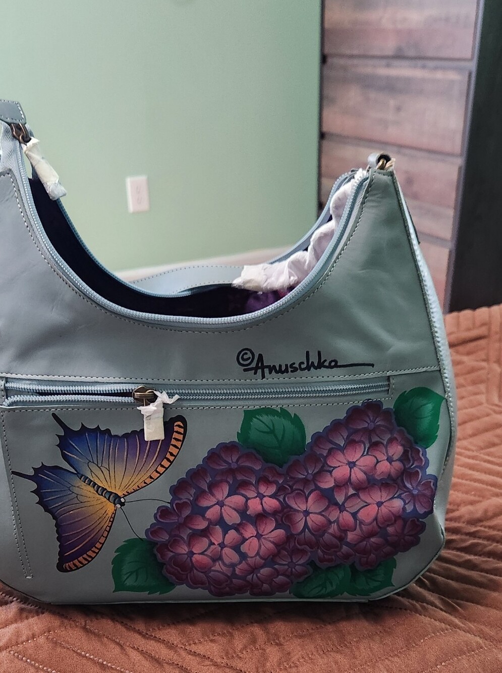Hand-Painted Anuschka Leather Shoulder Bag With Butterfly & Hydrangea Design NWY